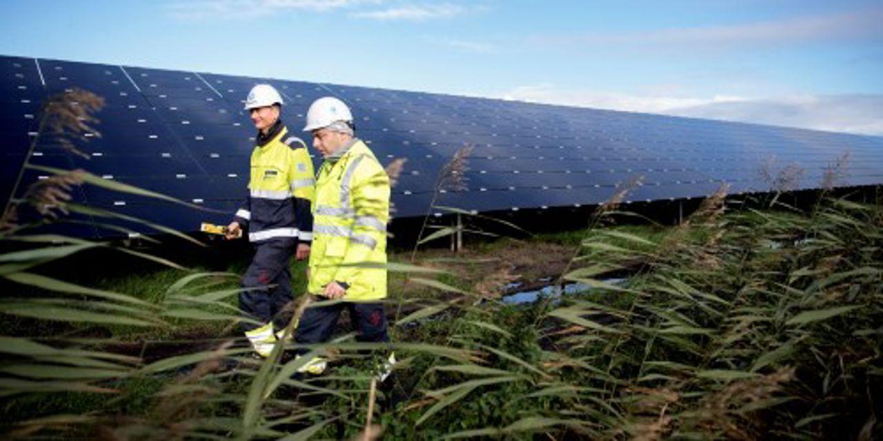 Two employees walking around at Lange Runde solar park